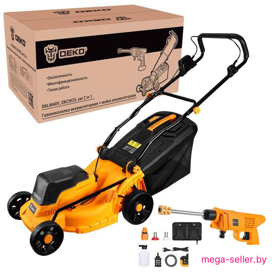 Deko DKLM40V + DKCW25 085-2025 (газонокосилка, мойка высокого давления, 2 АКБ)