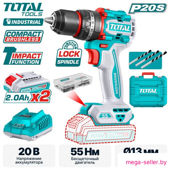 Ударная дрель-шуруповерт Total TIDLI20558 (с 2-мя АКБ, кейс)