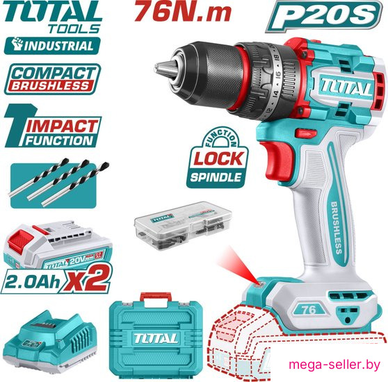 Ударная дрель-шуруповерт Total TIDLI20768 (с 2-мя АКБ, кейс)