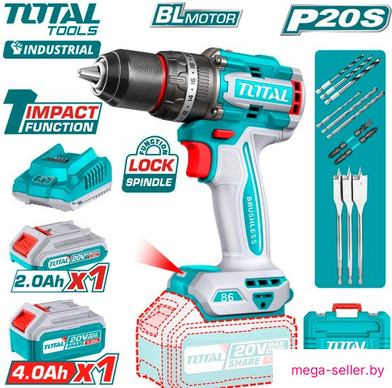 Ударная дрель-шуруповерт Total TIDLI20868 (с 2-мя АКБ, кейс)