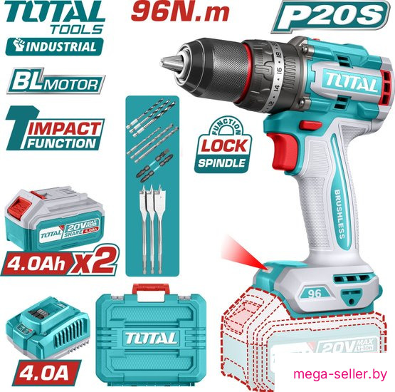 Ударная дрель-шуруповерт Total TIDLI20968 (с 2-мя АКБ, кейс)