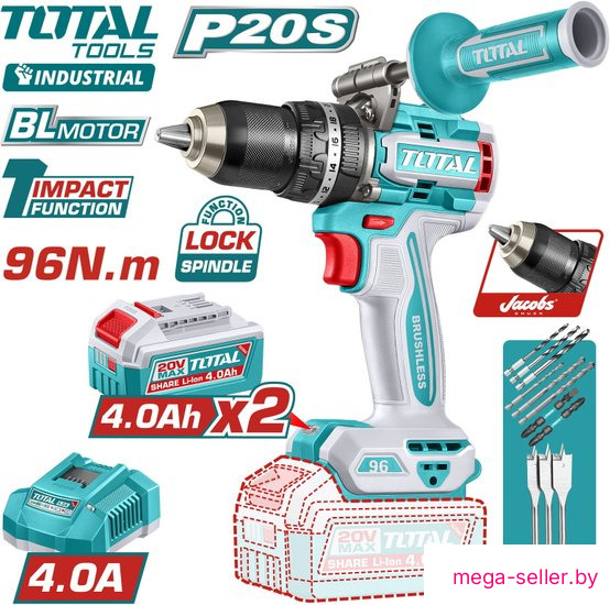 Ударная дрель-шуруповерт Total TIDLI209686 (с 2-мя АКБ, кейс)