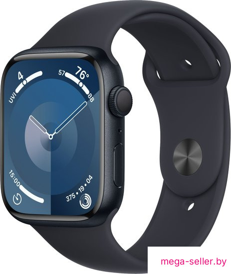 Умные часы Apple Watch Series 9 45 мм (алюминиевый корпус, полуночный/полуночный, спортивный силиконовый ремешок S/M)