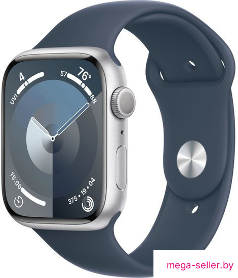 Умные часы Apple Watch Series 9 45 мм (алюминиевый корпус, серебристый/грозовой синий, спортивный силиконовый ремешок S/M)