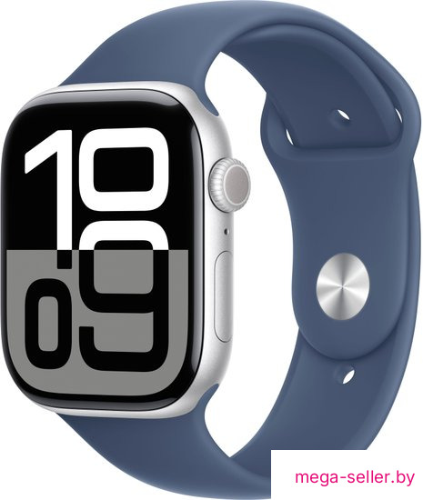 Умные часы Apple Watch Series 10 46 мм (алюминиевый корпус, серебристый/синий, спортивный силиконовый ремешок S/M)