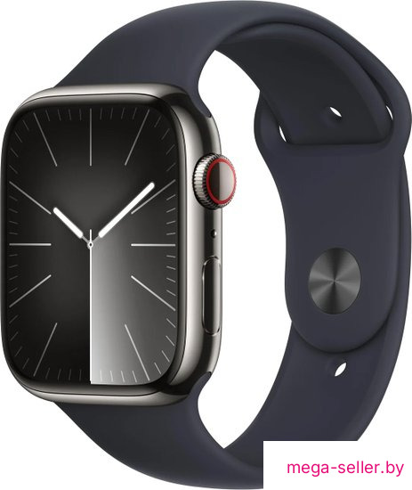 Умные часы Apple Watch Series 9 LTE 45 мм (корпус из нержавеющей стали, графит/полуночный, спортивный силиконовый ремешок M/L)