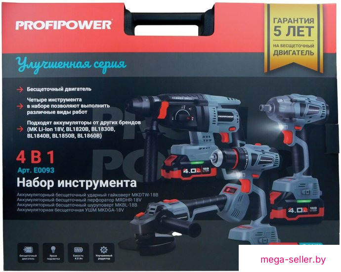 Profipower ProfiSet-4F18 E0093 (шуруповерт, гайковерт, болгарка, перфоратор, 2 АКБ, кейс)
