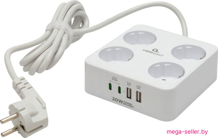 Сетевой фильтр Cablexpert PLT-4-C2U2-W-2