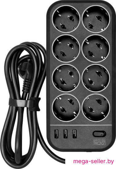 Сетевой фильтр Powercom SP-08 USB03AB (1.8 м, 8 розеток, черный)